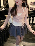 Yipinpay 2 Piece Set Woman Pink Long Sleeve Fashion Tops Basic Casual Korean Style Blouse Design Kawaii Clothing 2024 Summer Chic
