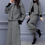 Yipinpay Women's Autumn and Winter Two-piece Pants Houndstooth Woolen Coat Wide-leg Pants Casual Fashion Suit Women's Trend