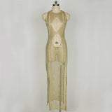 Yipinpay Craft Sexy Women's Round Neck Sleeveless Hollow Skirt Solid Color Fashion Perspective Beach Slim Cut Dress Party Clothing