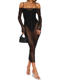 Yipinpay See-Through Black Mesh Sheer Cover-ups Bodycon Dress Women Sexy Off-Shoulder Long Sleeve Midi Club Dress Streetwear