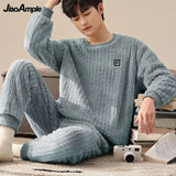 Yipinpay Men's Winter Warm Plush Thickened Sleepwear Set French Loose Flannel Pijama Trousers Two Pieces Suit Male Cute Nightwear