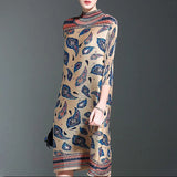 Yipinpay Women Dress Retro Pleated Dress 2024 Autumn New High Neck Print Middle-aged Mother Loose  MM Women's Clothing