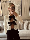 Yipinpay Lace-up Sequined Jacket Women Y2K Tie-front Shiny Chic Cropped Coat Female Elegant Long Sleeve Lady Party Outerwear