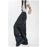 yipinpay Women's Blue Vintage Wide Leg Jeans Fashion Baggy High Waist Straight Pants High Street Mopping Denim Trouser Autumn Ladies
