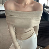 Yipinpay Solid Off Shoulder Elegant Long Sleeve Tops Korean Fashion Slim Sexy Cropped T Shirt Women Autumn Y2k Clothing Skinny Top