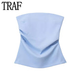 Yipinpay Blue Corset Top Women Off Shoulder Tube Tops For Women 2023 Ruched Backless Sexy Tops Woman Fashion Sleeveless Summer Top
