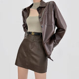 Yipinpay Pu Leather Skirts For Women Sexy Korean Fashion High Waisted Stretchy Mini Short Skirt Faux Leather Dark Brown Female 2024