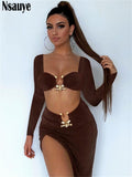 yipinpay 2023 Autumn Summer Club Fashion Long Sleeve Women Crop Tops And Sexy Long Hight Waisted Split Skirt Dress Two Piece Set