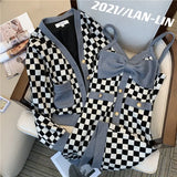 Yipinpay Black White Checkerboard Coat Short Cardigan Casual 2Piece Sets Retro Bow Spaghetti Strap Plaid Dress Bodycon Outfits