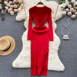 yipinpay Slit Maxi Dress O Neck Knitted Dress Y2k 2023 Autumn Winter Long Sleeve Sweater Dress Hollow Out Bodycon Dresses for Women