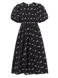 Yipinpay New Fashion Women Floral Embroidery Black Midi Dress Vintage Puff Sleeve O Neck Female Dress