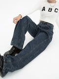 yipinpay Blue Womens Jeans High Waist Vintage Straight Baggy Denim Pants Streetwear American Style Fashion Wide Leg Denim Trouser