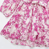 Yipinpay Pink Floral Dress Woman Print Short Dresses For Women Tie Belt Mini Chic And Elegant Woman Dress Long Sleeve Summer Dresses