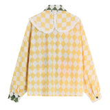 yipinpay Women&#39;s Blouse Checkerboard Printing Chic Design Long Sleeves Casual Tops Fashion Vintage Doll Collar Button Baggy Shirts