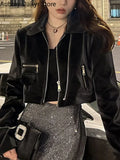 Yipinpay Cropped Leather Jacket Women Streetwear Moto Biker Zipper Leather Jacket Punk Winter Irregular Faux Fur Aviator Coat New