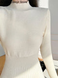 Yipinpay Fashion Midi Knitted Dress Women Elegant Chic Half High Collar Sweater Dress Autumn Warm Casual Slim Y2k Party Dress 2023