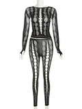 Yipinpay Sexy See Through Mesh 2 Pieces Suits Women Streetwear Cyberpunk Mall Gothic Long Sleeve T-shirt High Waist Pants Suits