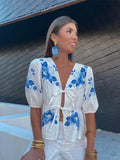 Yipinpay Flower Printing Puff Sleeve Shirts For Women Fashion Lace-up V-neck Short Blouse Female 2024 Summer Elegant Cropped Tops