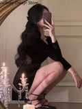Yipinpay Black Velvet Midi Dress Women Sexy Chic Hollow Out Mesh Dress Female Korean Vintage Casual Evening Party Dress Autumn