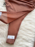 Yipinpay Autumn Mesh Basic Top 2024 Women Turtleneck Long Sleeve Ruched Open Crotch Slim Playsuits Fashion Sheer Sexy Bodysuits