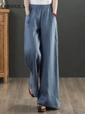 Yipinpay Summer New Chinese Cotton Linen Women's Pants Casual Loose Straight Pants Literary Vintage Thin Silk Hemp Wide Leg Pants