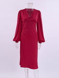 Yipinpay Party Elegant Women Red Dress Lantern Long Sleeve V-Neck Evening Midi Dress Ruched Sexy Ladies Satin Dresses 2023