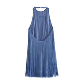 Yipinpay Fringed Halter Short Dresses For Women Blue Backless Mini Dress Woman Sexy Evening Party Dresses For Prom Summer Dress