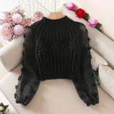 Yipinpay High Collar Sweaters Jumper Pink Twists Sweater Bubble Sleeves Sweet Flowers Knitted Tops Sueter Mujer Chiffon Shirt Chic