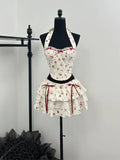Yipinpay Summer Beach Fairy Vacation 2000s Rave Outfits Women Elegant 2 Piece Set Gyaru Coquette Lace Halter Tops + Y2k Mini Skirt
