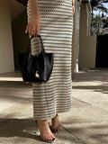 Yipinpay Striped See-Through Long Dress Female Elegant Sleeveless High Waist Patchwork Fashion Beach Dress Knit Maxi Dress Summer