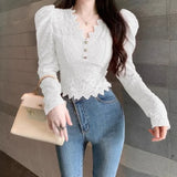 Yipinpay Fashion Shirts Women Puff Loong Sleeve V Neck Autumn Winter Slim Lace Patchwork Crop Tops Female Sexy Elegant Blouse