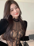 Yipinpay High Waist Crop Top 2023 Blusas Mujer De Moda Puff Long Sleeve Black Lace Shirts Stand Blouse Velvet Shirt Women Female