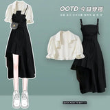 Yipinpay Women's Summer Dress Suit 2024 New Fashion Short Sleeve Shirt+Denim Strap Skirt Two Piece Korean Elegant Casual Matching Set