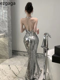 Yipinpay Sleeveless Party Dress Woman Backless Swinging Collar Halter Bling Mermaid Dresses Sexy Ladies Elegant Temperament