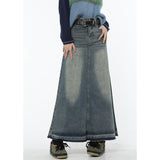 yipinpay Women Blue Denim Half Body Skirt Gradient High Waist Tassels Casual Korean Mid Length Bottoms Baggy Vintage Female Long Skirt