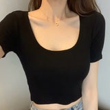 Yipinpay Women Crop Tops Shirts Harajuku Female U Neck Short Sleeve Solid Color Slim Fit Short T-shirts Tees Women's Clothes