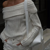 Yipinpay Slash Neck Off Shoulder Women Knitt Sweater Fashion Simple Long Sleeve Pullovers Autumn Winter Streetwear Lady Sweater