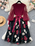 Yipinpay Senior Knitted Patchwork Dress Long Lantern Sleeves Bow Mesh Embroidery Floral Women Autumn France Elegant Party Dress