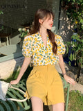 Yipinpay Summer Small Cute Sweet Floral Women's Shorts Sets Fashion Loose Bubble Short Puff Sleeve Shirt+wide Leg Shorts 2-piece Set 0406