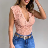 Yipinpay Womens V Neck Sexy Lace Casual Vest Tank Tops Ladies Slim Fit Sleeveless Stretch Shirt High Quality Clothing 2024