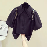 Yipinpay Rhinestone Blouse Fungus Lantern Short Sleeve Cotton Crop Tops Camisa Feminina Blusas Spring Women Shirts Casual Retro