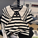 Yipinpay Vintage Doll Short Sleeve Black White Striped Tshirt Women Cotton Tee Graphic T Shirts Casual Blouse Crop Tops Shirts Knit