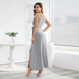 Yipinpay Summer Sleeveless V-neck Large Size Slim Temperament Shiny Dress Banquet Party Slit Long Dress