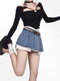 Yipinpay Sexy Korean Denim Micro Skirt Women Y2K High Waist Irregular Patchwork Fake Two-piece Pleated Mini Skirt Streetwear