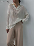 Yipinpay Casual Perspective Knitted Pullover Tops Women Lapel Loose White Blouses Autumn 2023 Casual Office Ladies Knitwear