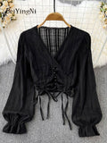 yipinpay Spring Fall V-neck Shirts Women Drawstring Buttons Korean Elegant Puff Sleeve Blouses Woman Simple Plain Crop Tops