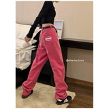 yipinpay Red Women's Jeans High Waist Vintage Straight Baggy Denim Pants Streetwear Lettering Design Fashion Wide Leg Denim Trouser