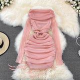 Yipinpay Slim Slash Off Shoulder Women's Long Sleeve Drawstring Pleated Hip Wrap Pink Mesh Dress Mini Party Prom Mini Evening Robe