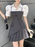 Yipinpay Spaghetti Strap Mini Blazer Dress Women Korean Fashion Irregular Bodycon Dress Female Vintage Casual High Waist Dress