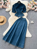 Yipinpay Fashion Denim Suits Cardigan Square Collar Short Sleeves Blouse+High Waist A Line Skirt Women Hotsweet Two Pieces Sets